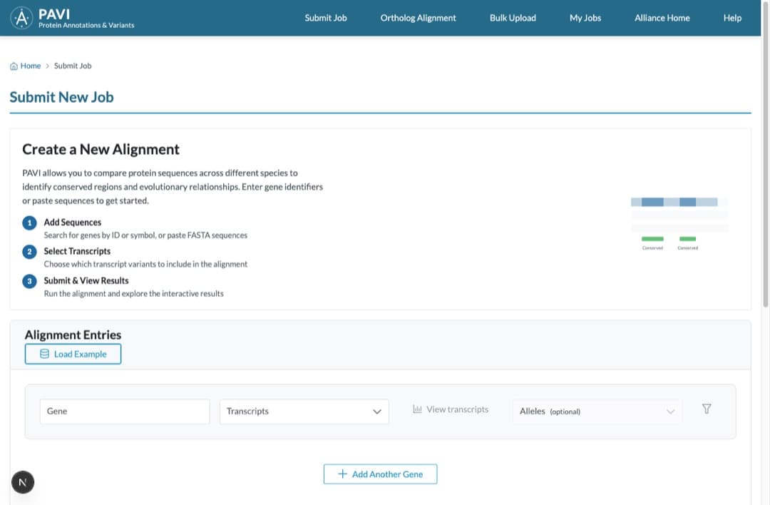 The PAVI Submit Job page: a Create a New Alignment card explaining the three steps, a Load Example button, and one alignment entry with Gene, Transcripts, View transcripts, and Alleles controls.